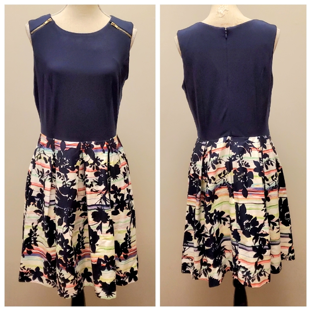 Madison Leigh Sz 12 Large Blue Floral Sleeveless Dress Cotton Spandex Hawaiian
